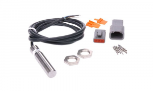 Industrial speed sensor kit with threaded proximity sensor, cable, connectors, mounting nuts, and terminal pins