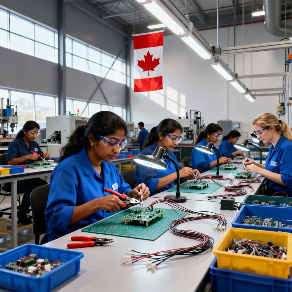 engineers assembling electronic sensors and wire harness components in manufacturing facility