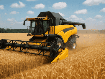 Combine harvester operating in a wheat field during harvest season