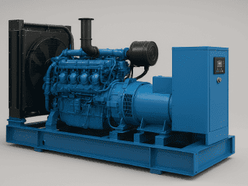 Industrial diesel generator set with blue engine and control panel mounted on base frame