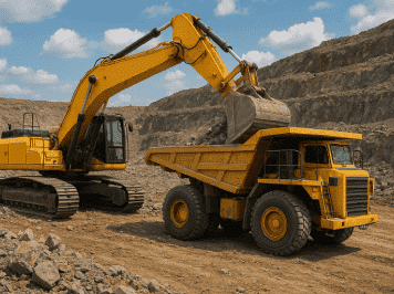 Mining excavator loading rock into a heavy-duty dump truck at an open-pit mine