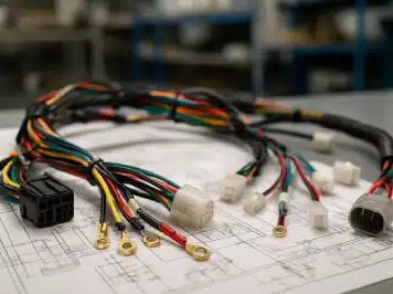 Custom wire harness assembly with multi-colored wiring and terminal connectors on engineering schematic